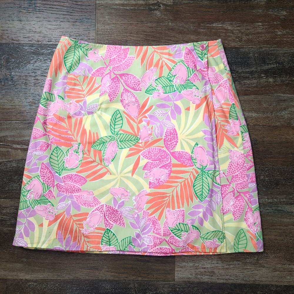 VINTAGE LILLY PULITZER 2 SIDED WRAP SKIRT FROGS & PATCHES SIZE 10